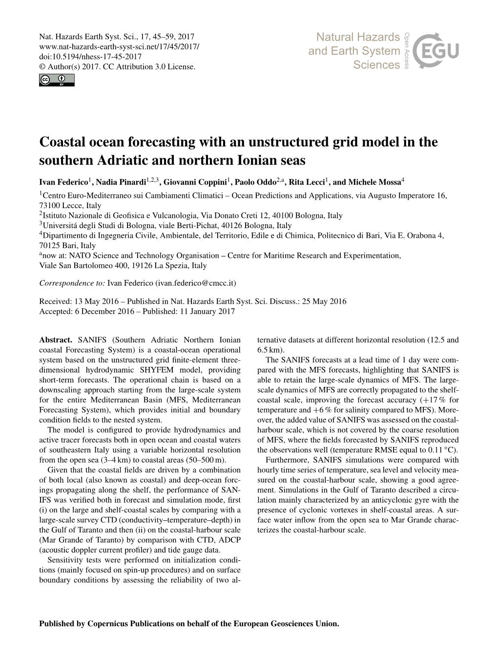 Coastal Ocean Forecasting with an Unstructured Grid Model in the Southern Adriatic and Northern Ionian Seas