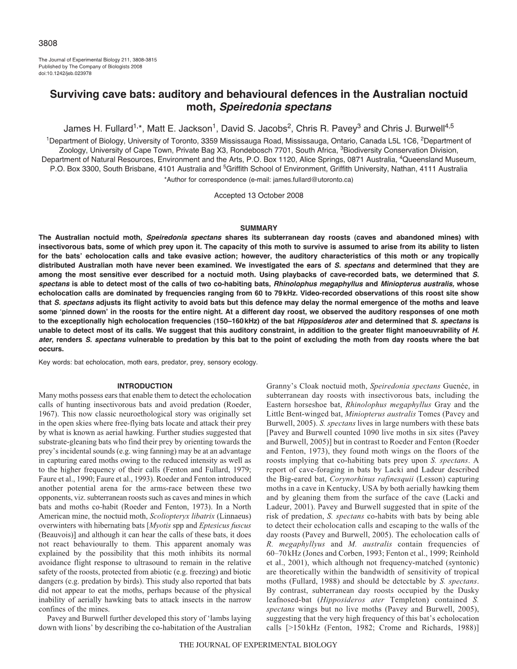Surviving Cave Bats: Auditory and Behavioural Defences in the Australian Noctuid Moth, Speiredonia Spectans