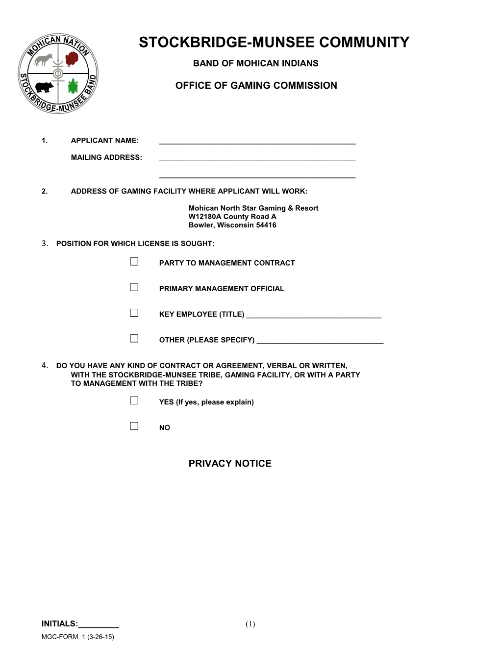 S/M Gaming License Application