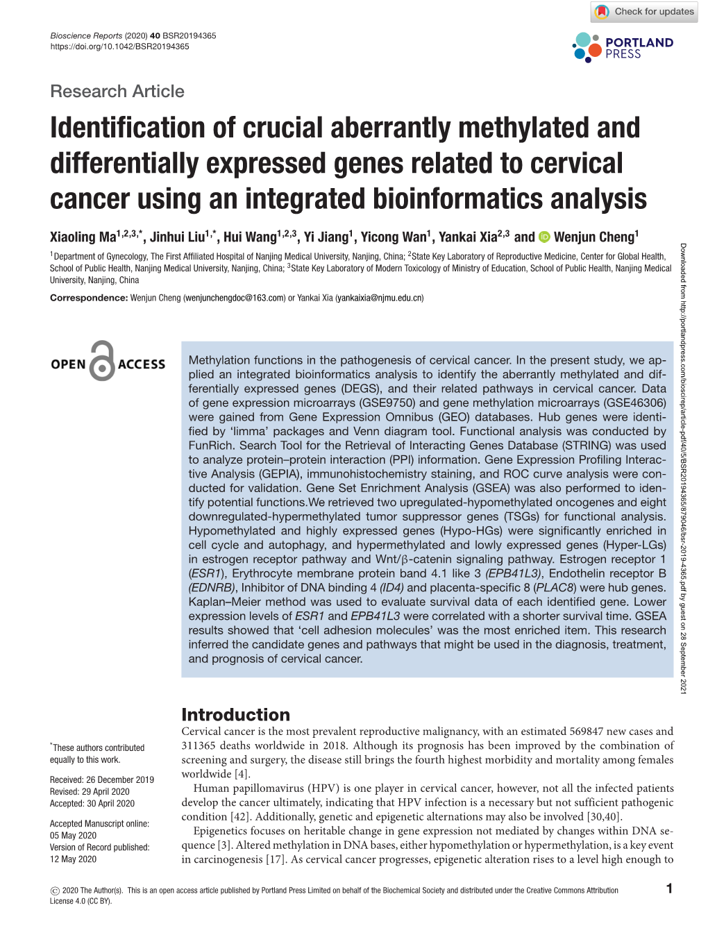 Identification of Crucial Aberrantly Methylated and Differentially