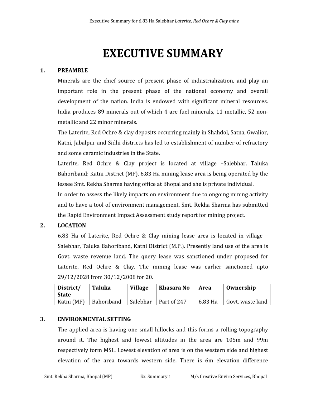 Executive Summary for 6.83 Ha Salebhar Laterite, Red Ochre & Clay Mine