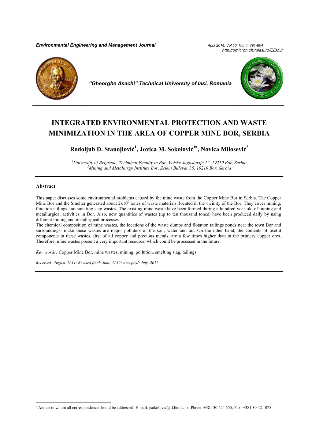 Integrated Environmental Protection and Waste Minimization in the Area of Copper Mine Bor, Serbia