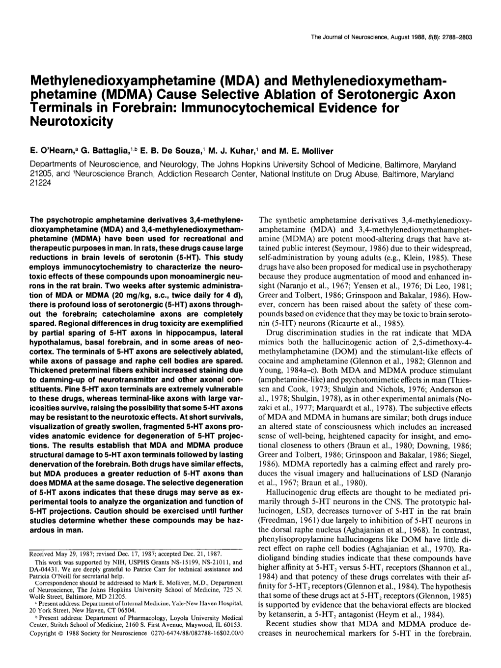 MDMA) Cause Selective Ablation of Serotonergic Axon Terminals in Forebrain: Lmmunocytochemical Evidence for Neurotoxicity