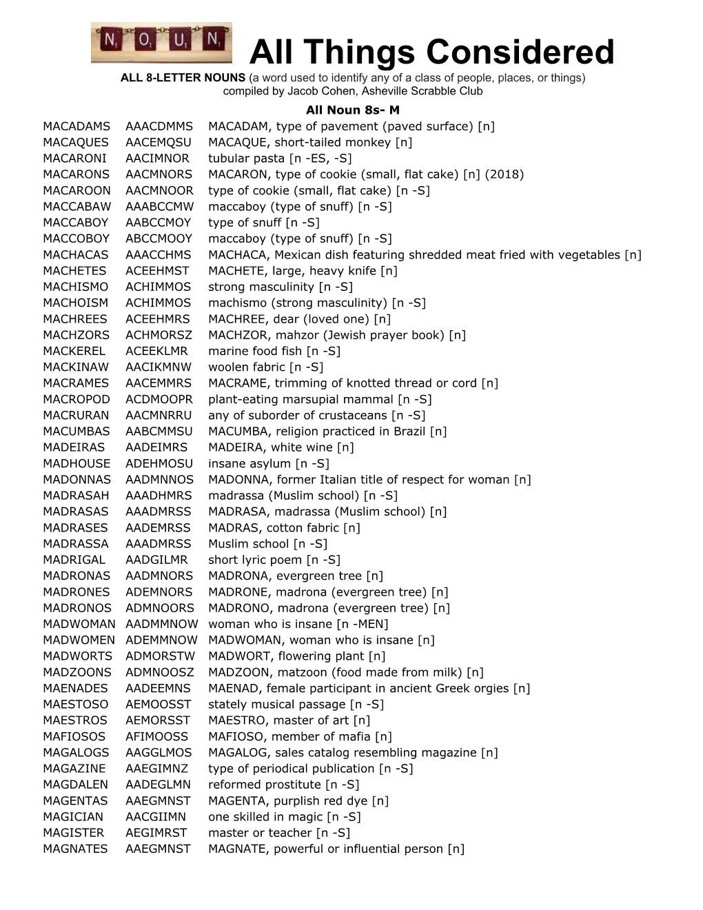 All Things Considered ALL 8-LETTER NOUNS (A Word Used to Identify Any of a Class of People, Places, Or Things) Compiled by Jacob Cohen, Asheville Scrabble Club