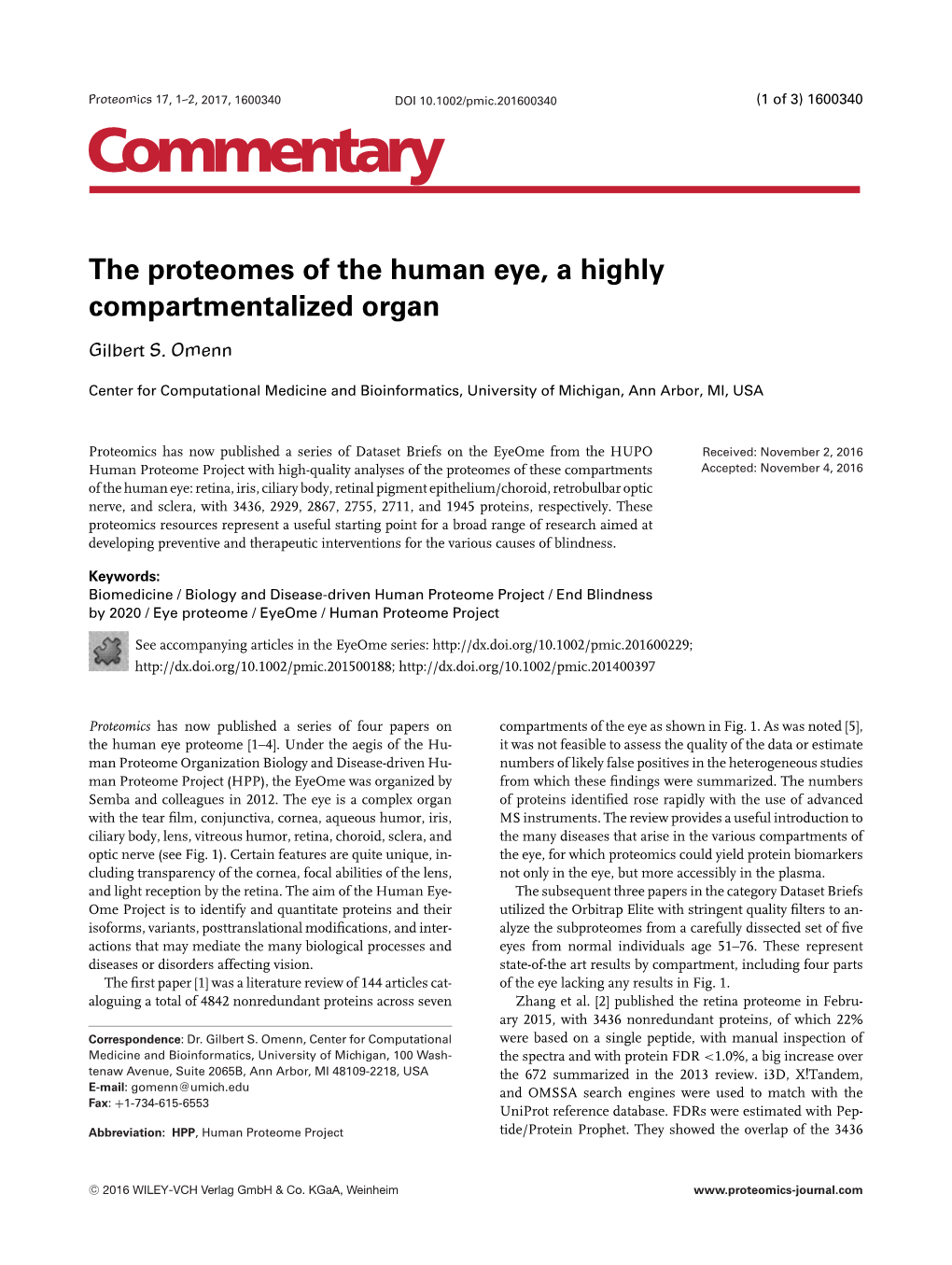 The Proteomes of the Human Eye, a Highly Compartmentalized Organ