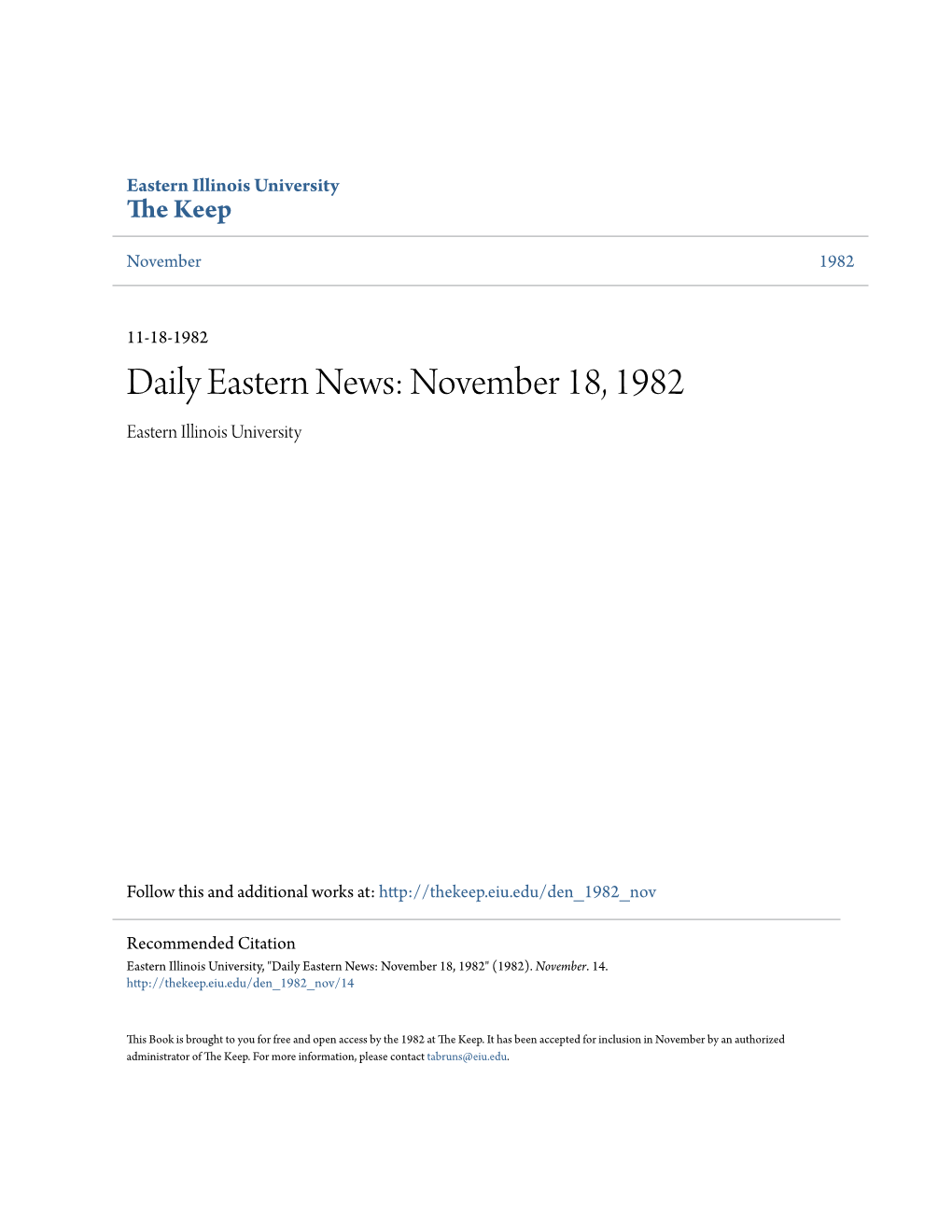 Daily Eastern News: November 18, 1982 Eastern Illinois University