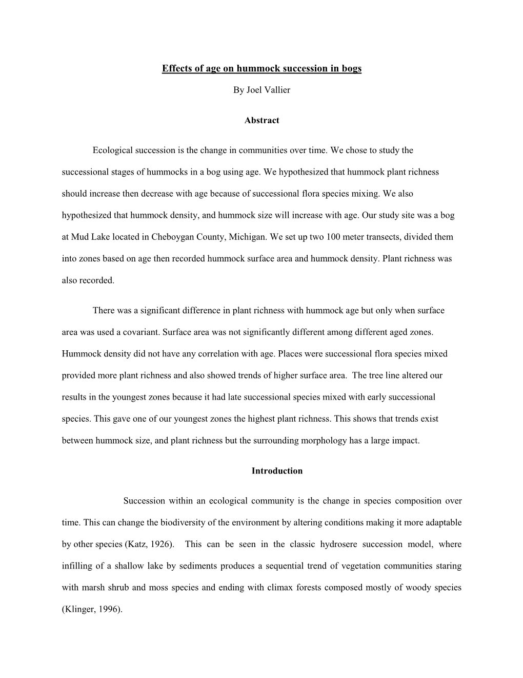 Effects of Age on Hummock Succession in Bogs