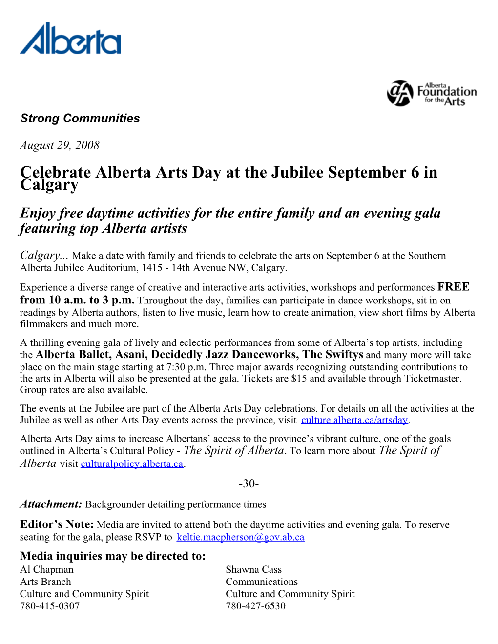 Celebrate Alberta Arts Day at the Jubilee September 6 in Calgary