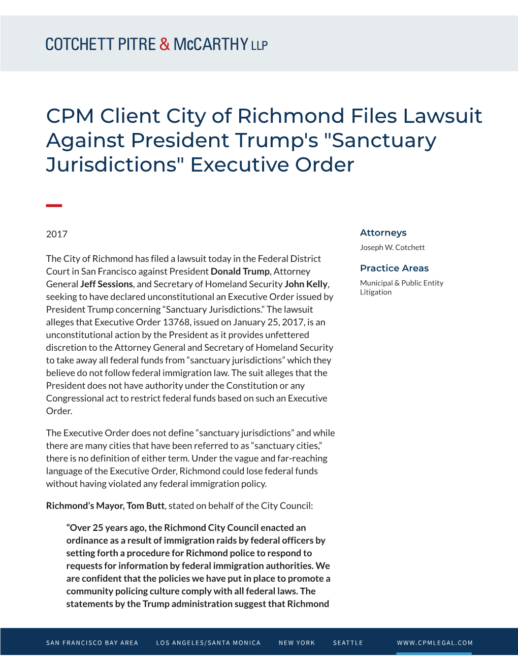 CPM Client City of Richmond Files Lawsuit Against President Trump's 