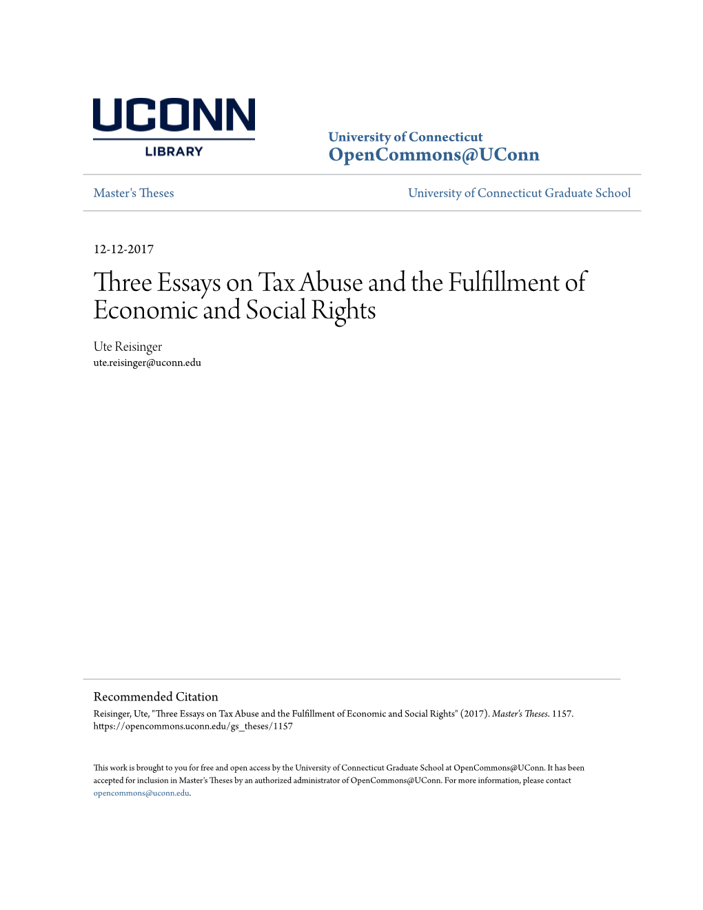 Three Essays on Tax Abuse and the Fulfillment of Economic and Social Rights Ute Reisinger Ute.Reisinger@Uconn.Edu