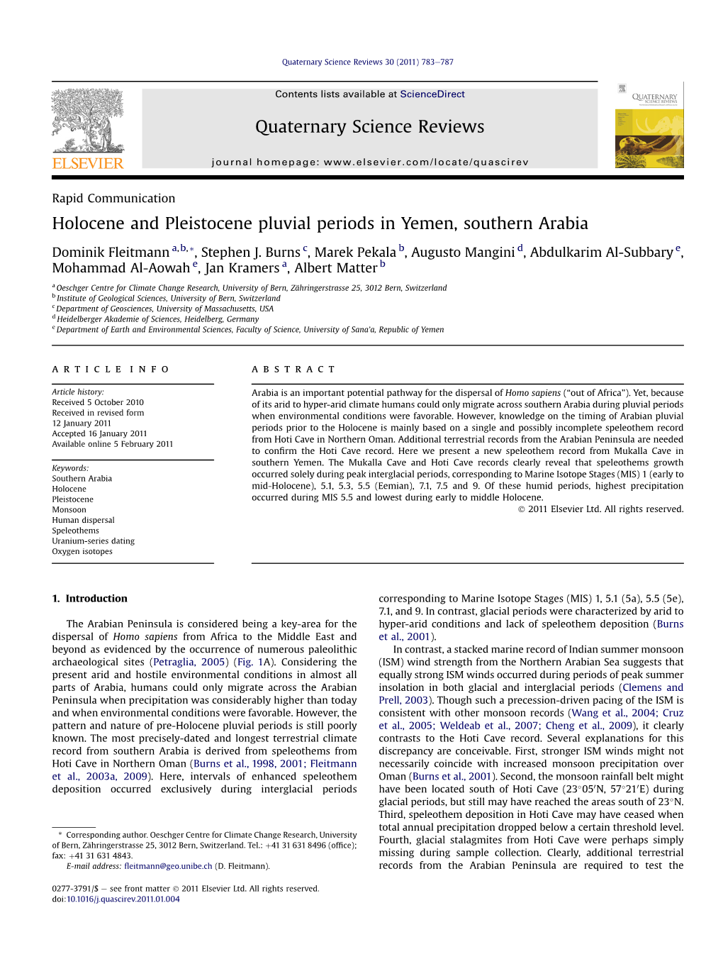 Holocene and Pleistocene Pluvial Periods in Yemen, Southern Arabia