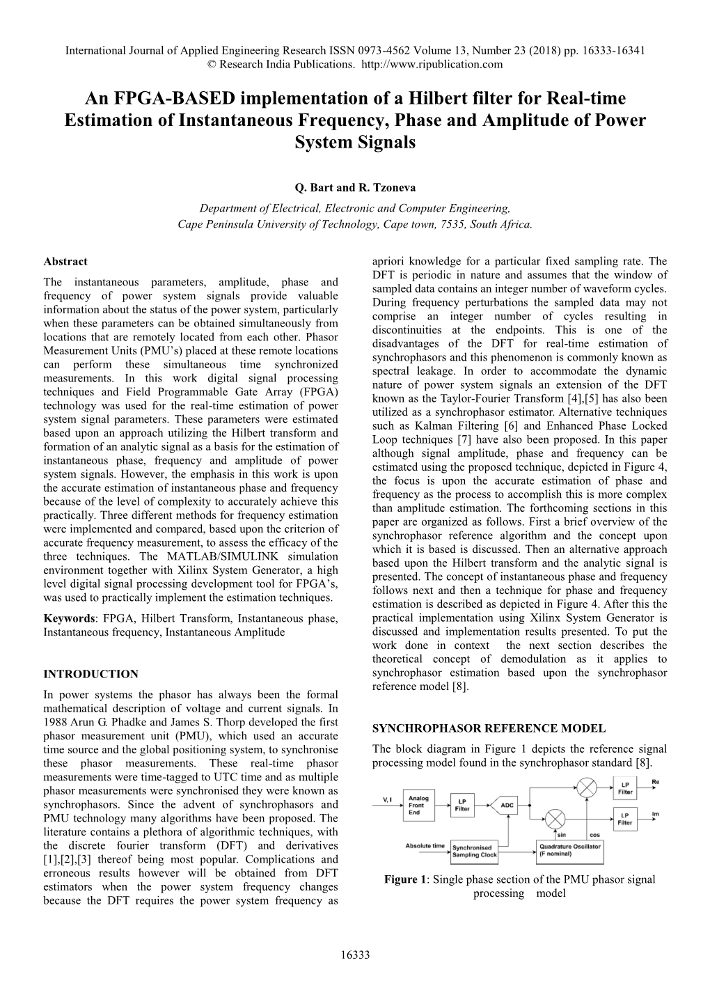 An FPGA-BASED Implementation of a Hilbert Filter for Real-Time Estimation of Instantaneous Frequency, Phase and Amplitude of Power System Signals