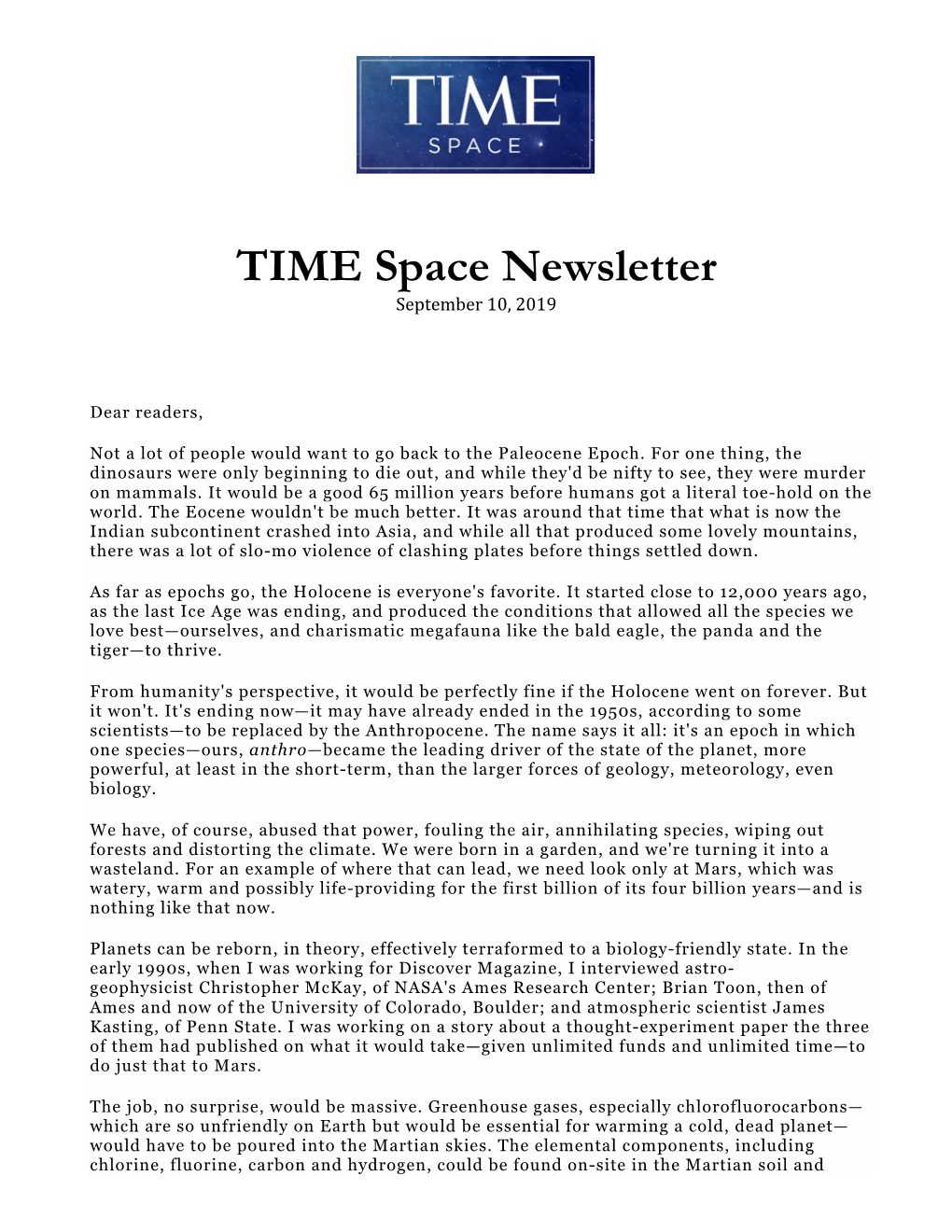 TIME Space Newsletter September 10, 2019