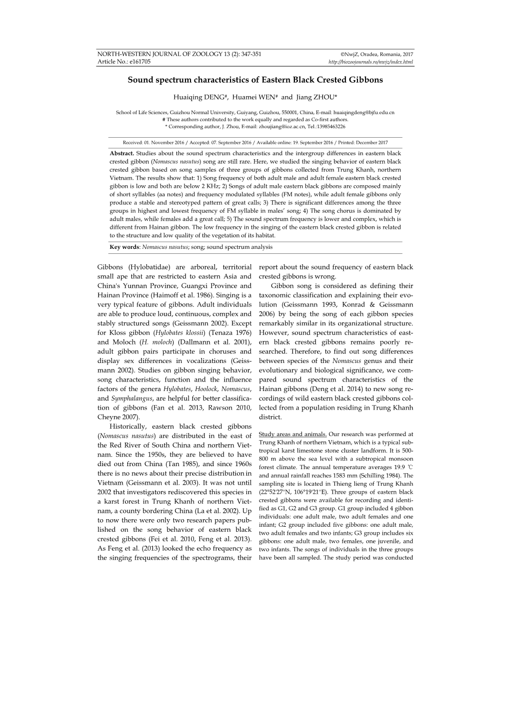 Sound Spectrum Characteristics of Eastern Black Crested Gibbons