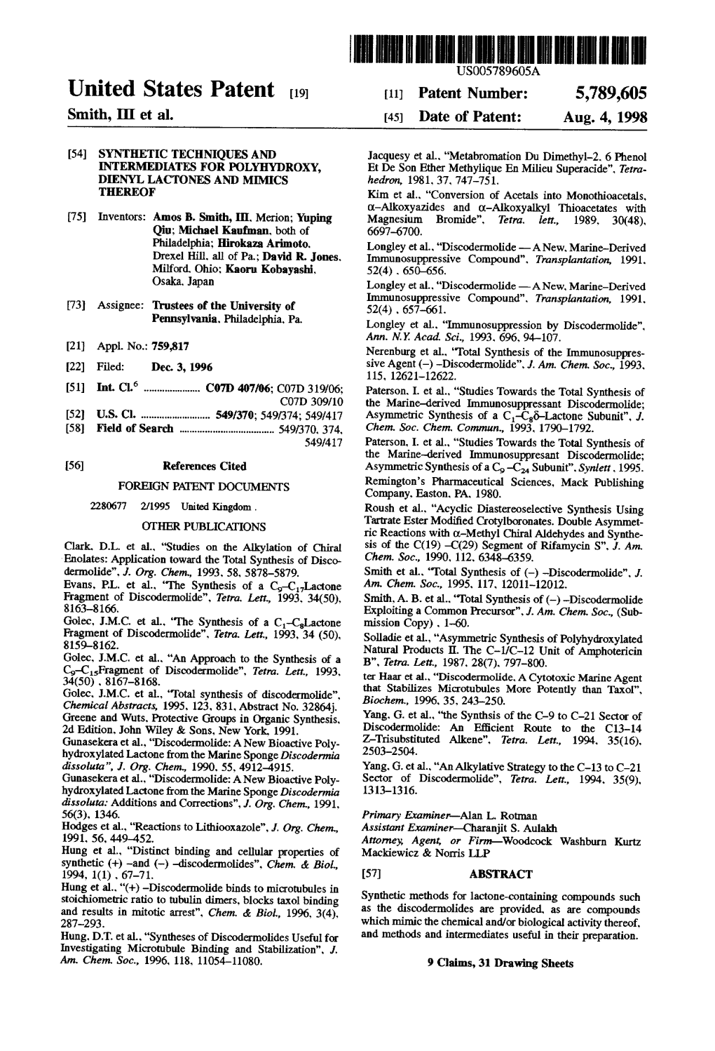 United States Patent (19) 11 Patent Number: 5,789,605 Smith, I Et Al