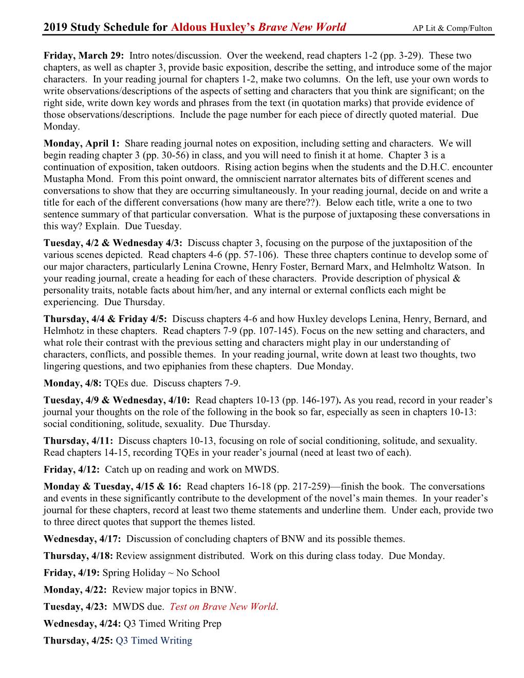 2019 Study Schedule for Aldous Huxley's Brave New World