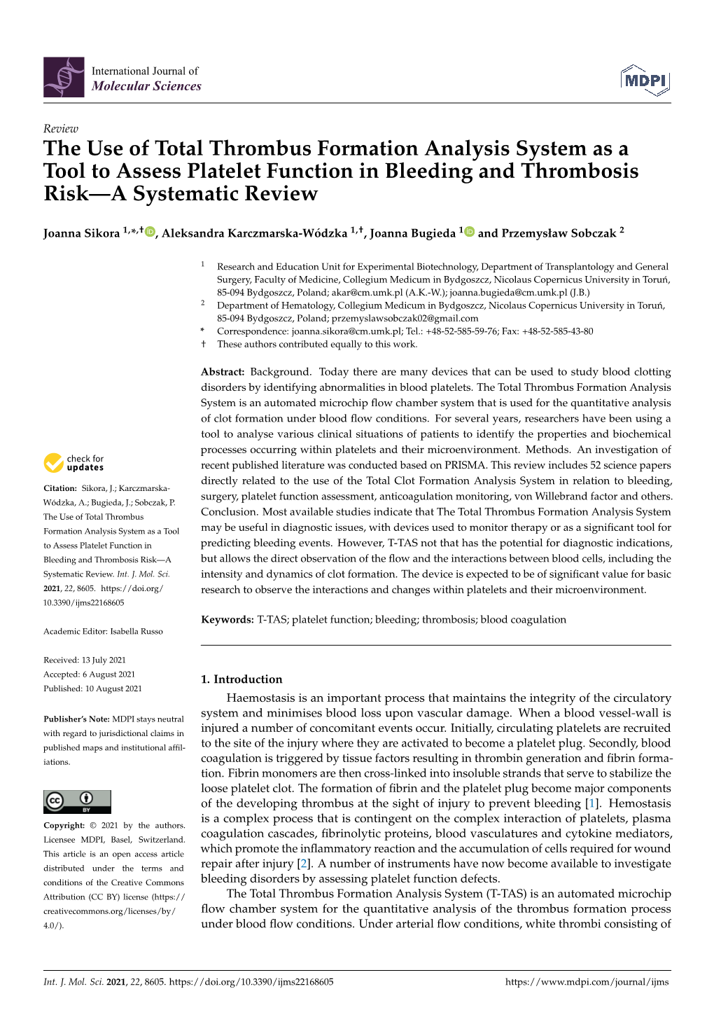 The Use of Total Thrombus Formation Analysis System As a Tool to Assess Platelet Function in Bleeding and Thrombosis Risk—A Systematic Review