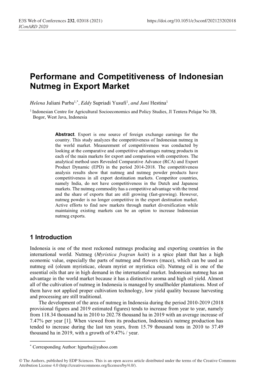 Performane and Competitiveness of Indonesian Nutmeg in Export Market