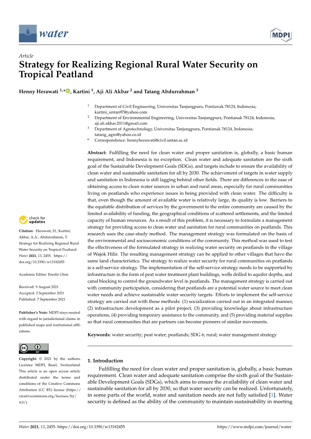 Strategy for Realizing Regional Rural Water Security on Tropical Peatland