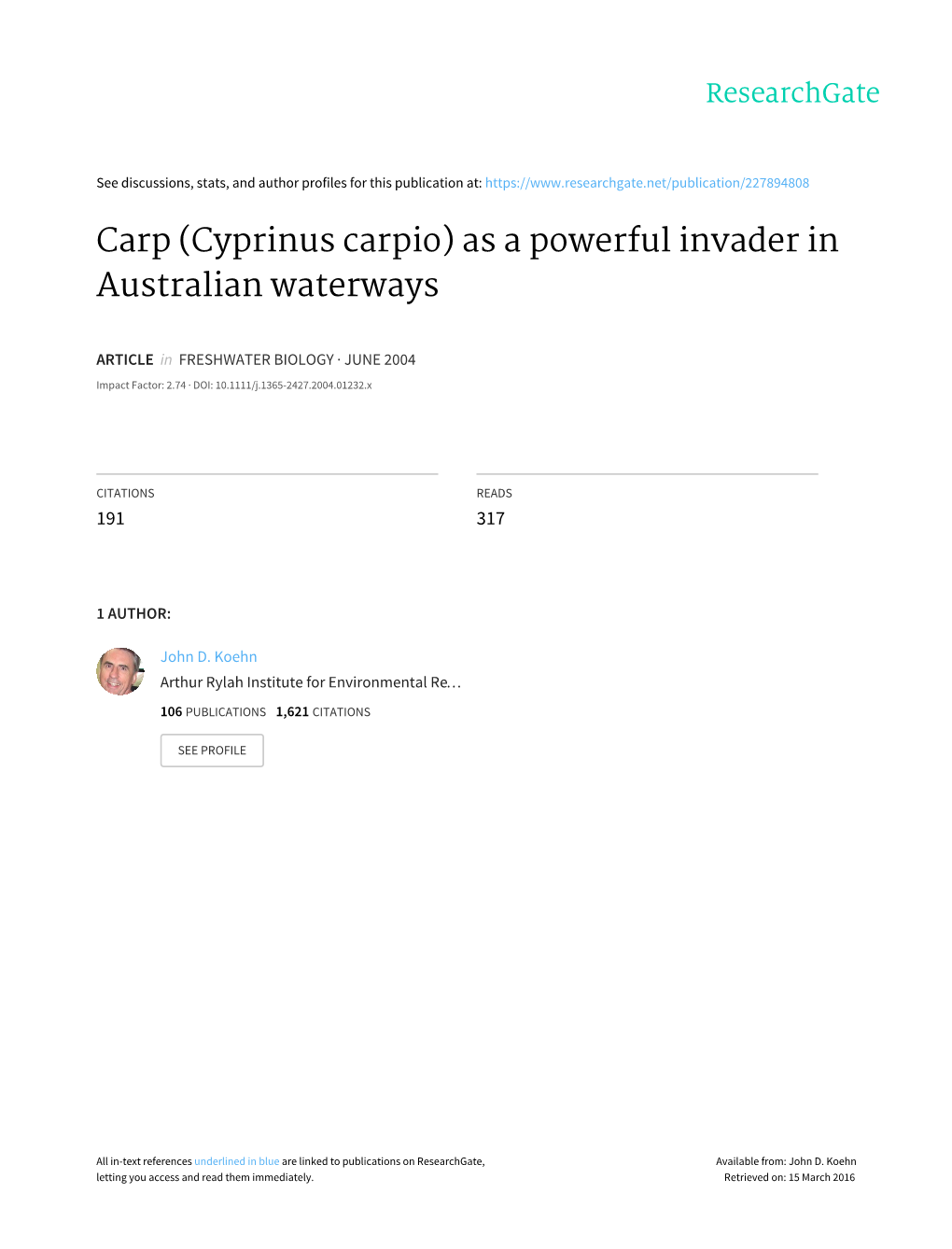 Carp (Cyprinus Carpio) As a Powerful Invader in Australian Waterways
