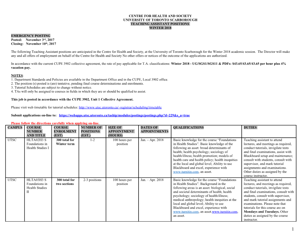 Teaching Assistant Positions Health Studies