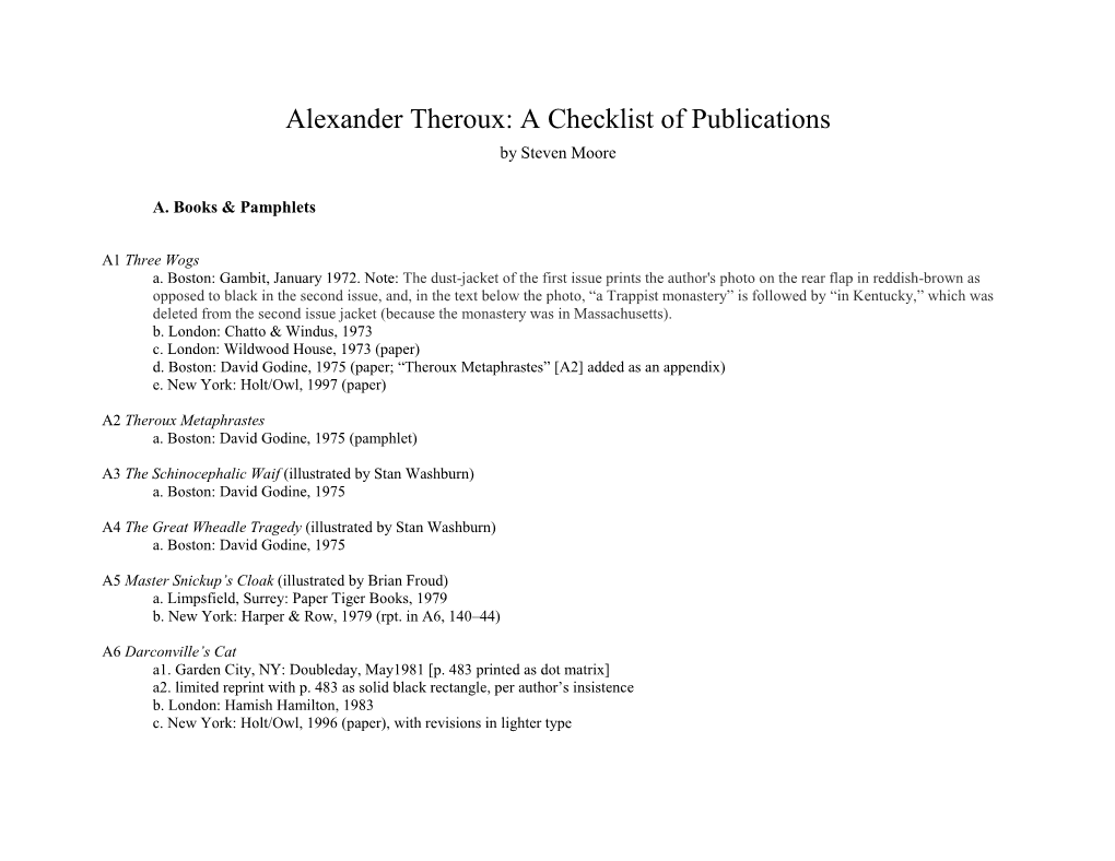 Alexander Theroux: a Checklist of Publications by Steven Moore