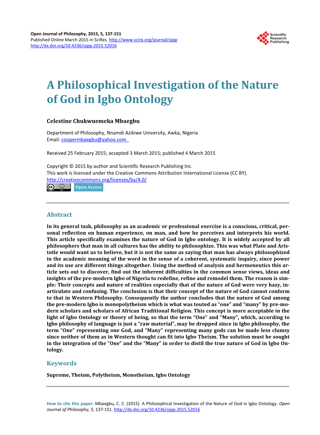 A Philosophical Investigation of the Nature of God in Igbo Ontology