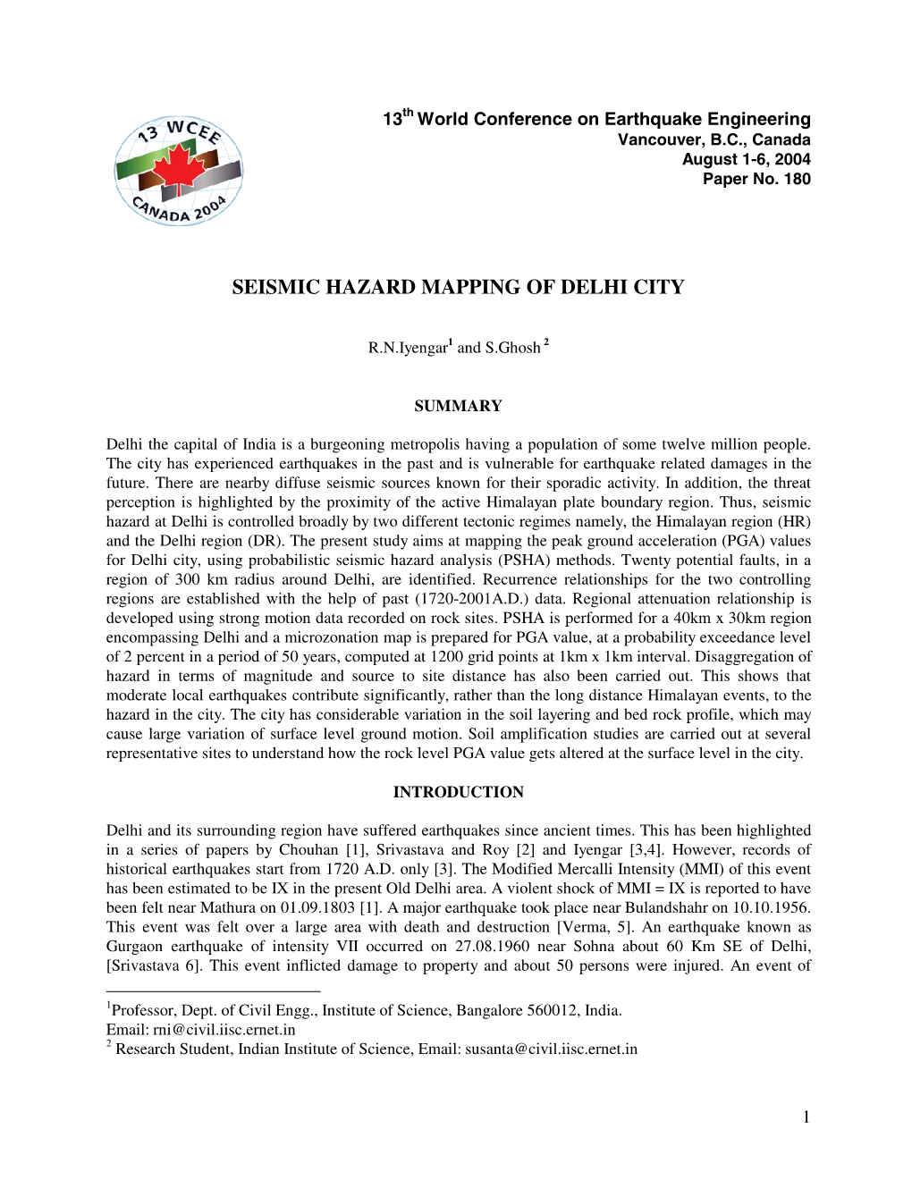 Seismic Hazard Mapping of Delhi City