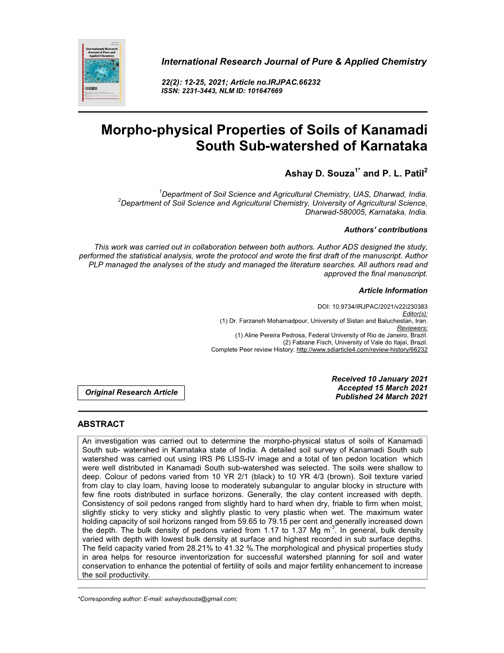 Morpho-Physical Properties of Soils of Kanamadi South Sub-Watershed of Karnataka
