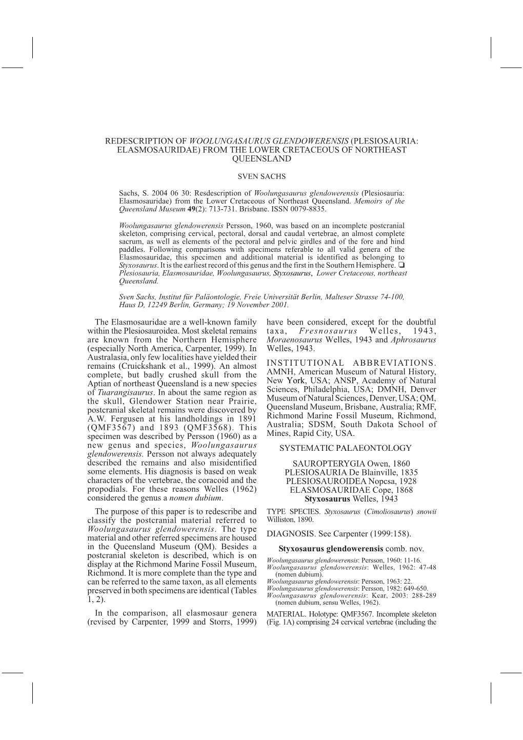 Redescription of Woolungasaurus Glendowerensis (Plesiosauria: Elasmosauridae) from the Lower Cretaceous of Northeast Queensland