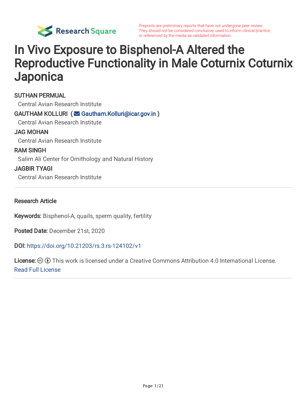 In Vivo Exposure to Bisphenol-A Altered the Reproductive Functionality in Male Coturnix Coturnix Japonica