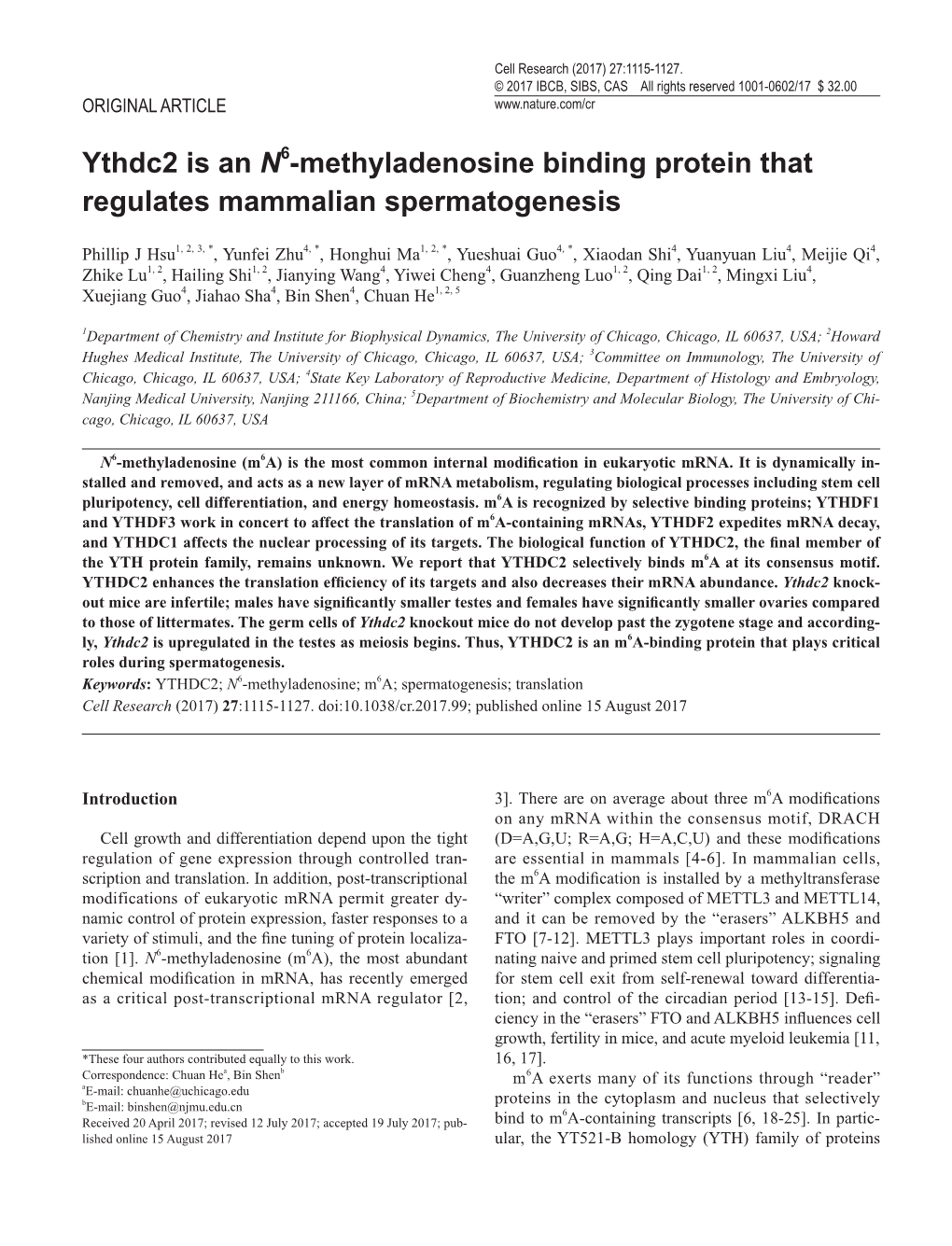 Ythdc2 Is an N6-Methyladenosine Binding Protein That Regulates Mammalian Spermatogenesis