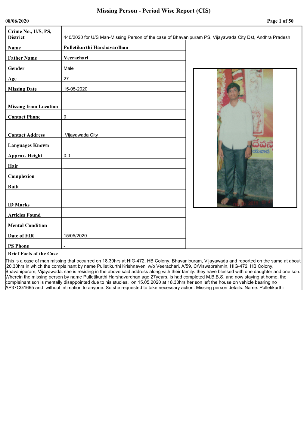 Missing Person - Period Wise Report (CIS) 08/06/2020 Page 1 of 50