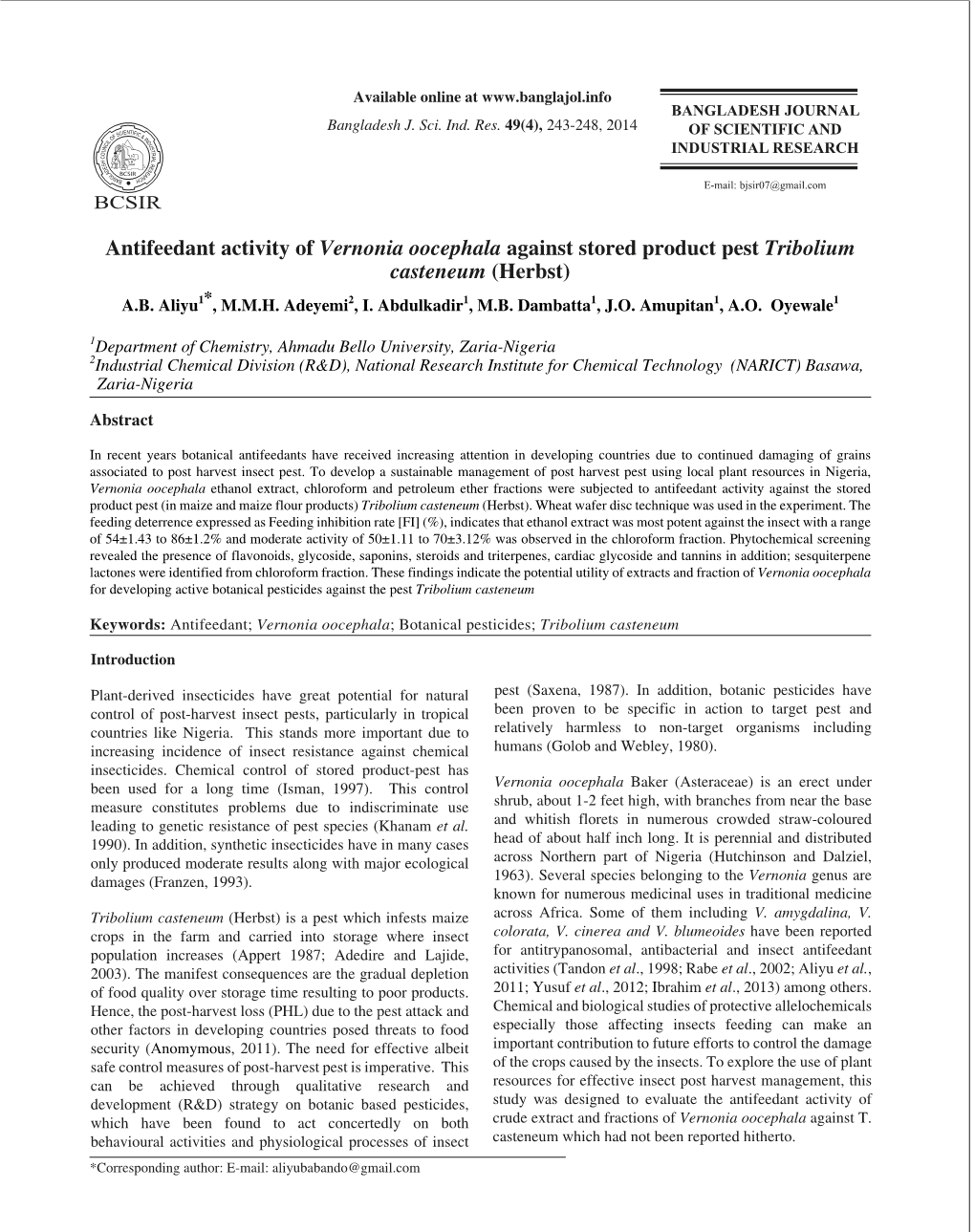 Antifeedant Activity of Vernonia Oocephala Against Stored Product