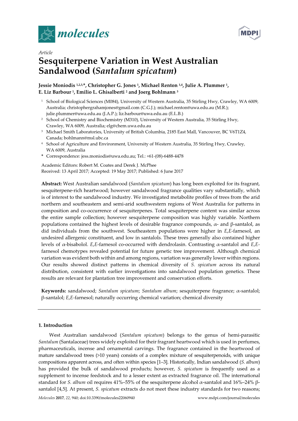 Sesquiterpene Variation in West Australian Sandalwood (Santalum Spicatum)