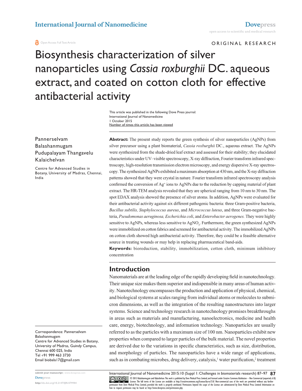 Biosynthesis Characterization of Silver Nanoparticles Using Cassia Roxburghii DC