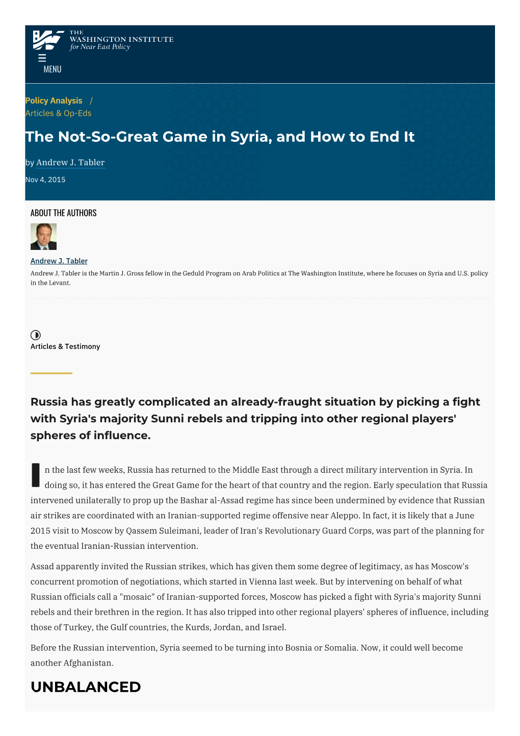 The Not-So-Great Game in Syria, and How to End It by Andrew J
