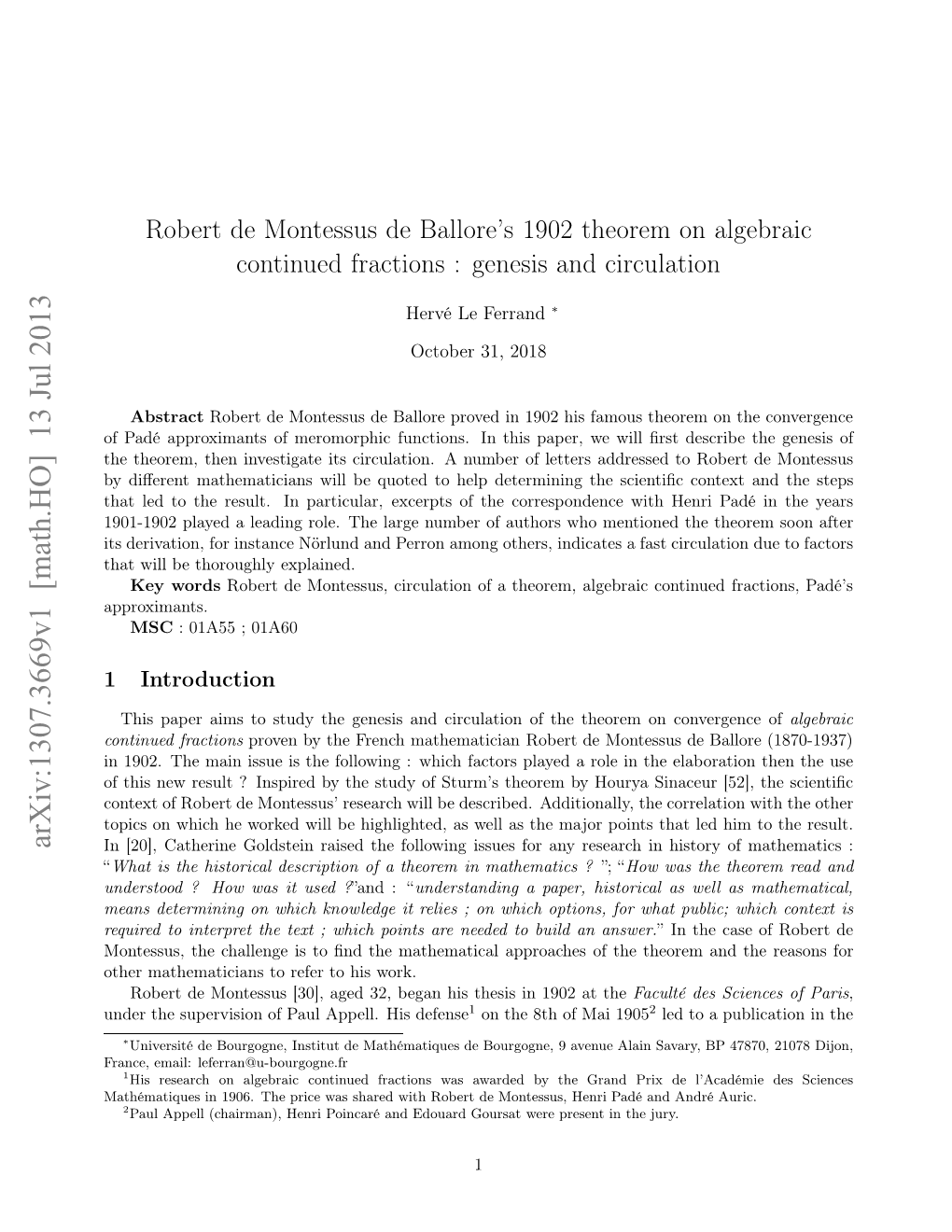 Robert De Montessus De Ballore's 1902 Theorem on Algebraic