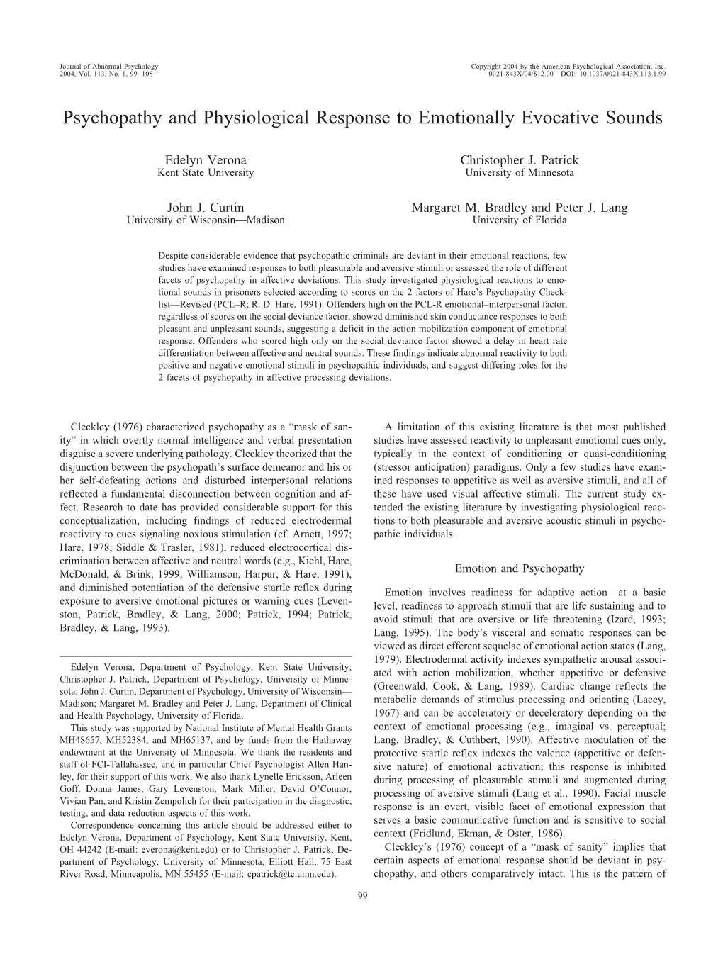 Psychopathy and Physiological Response to Emotionally Evocative Sounds