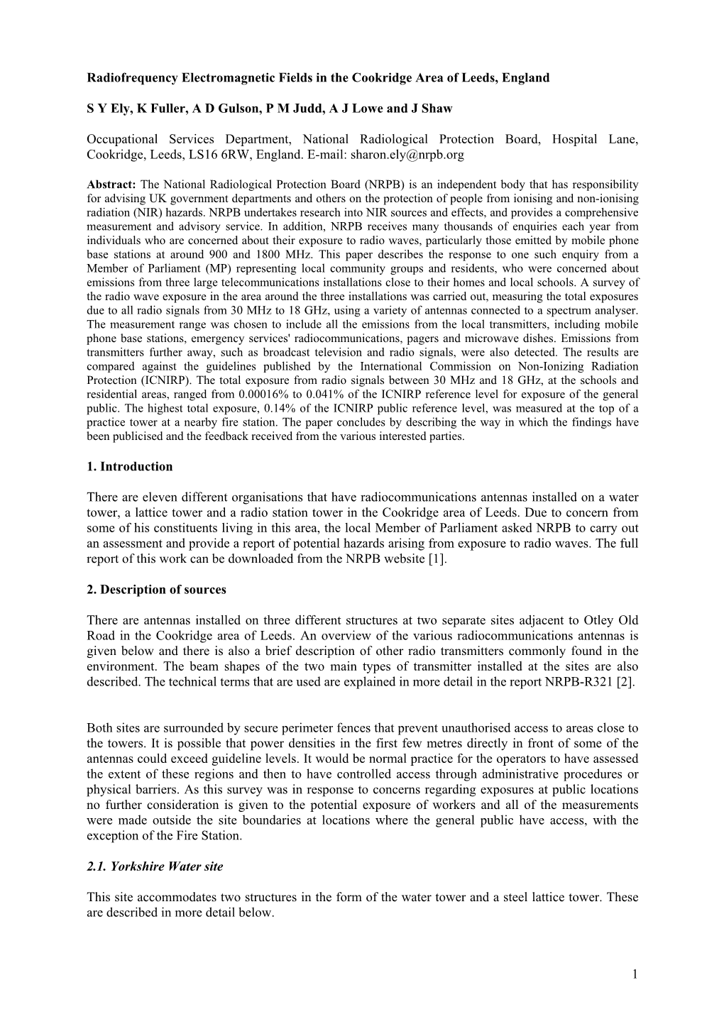 Radiofrequency Electromagnetic Fields in the Cookridge Area of Leeds, England