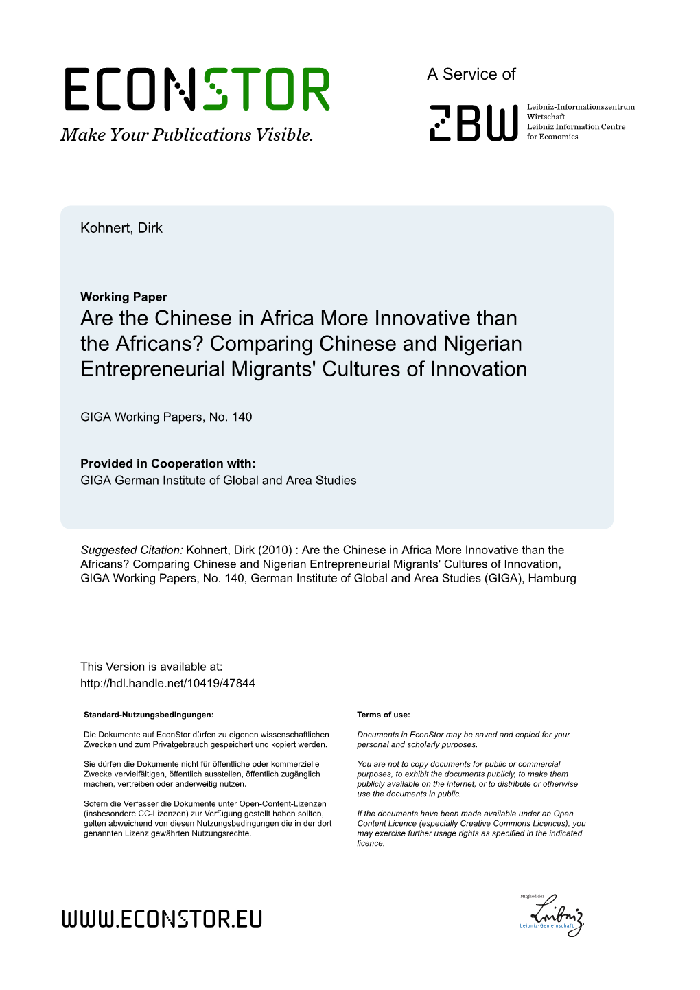 Comparing Chinese and Nigerian Entrepreneurial Migrants' Cultures of Innovation