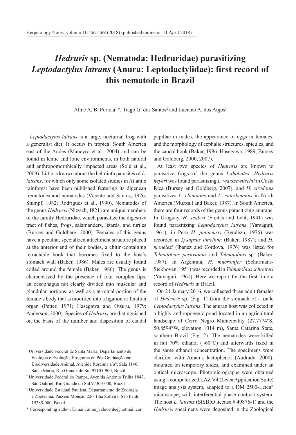 Nematoda: Hedruridae) Parasitizing Leptodactylus Latrans (Anura: Leptodactylidae): First Record of This Nematode in Brazil