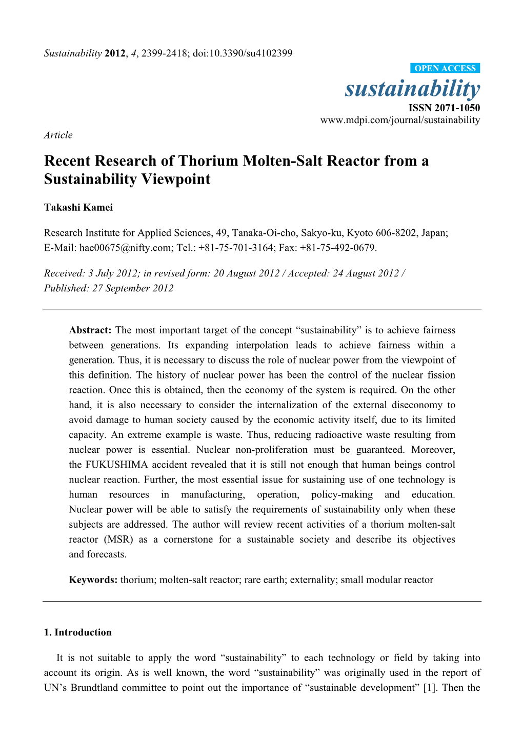 Recent Research of Thorium Molten-Salt Reactor from a Sustainability Viewpoint