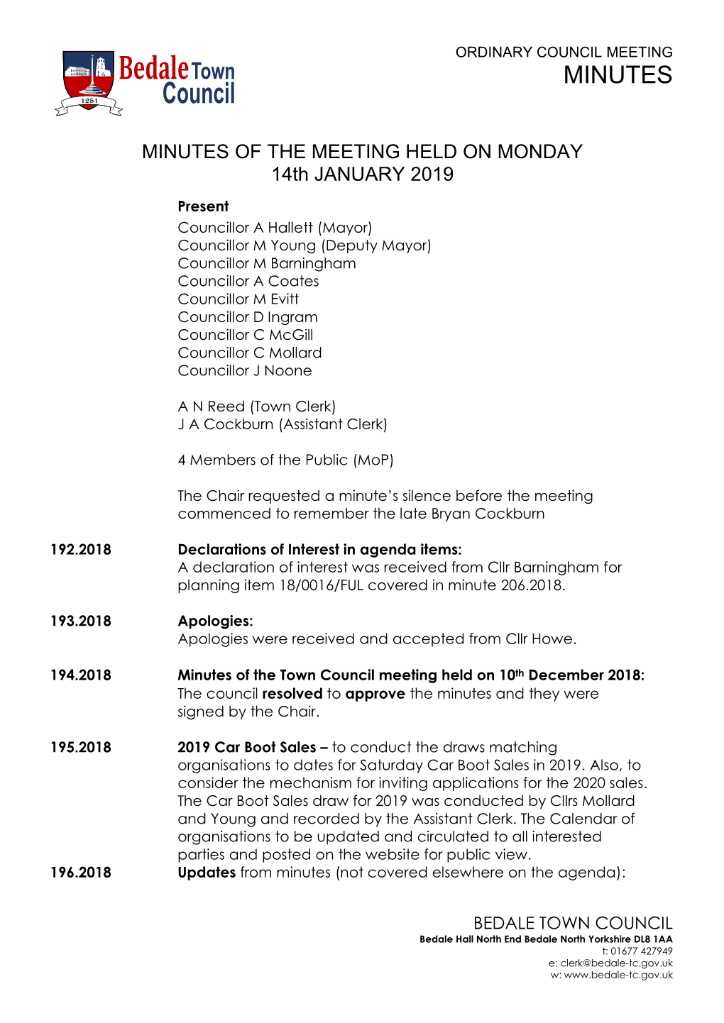 MINUTES of the MEETING HELD on MONDAY 14Th JANUARY 2019