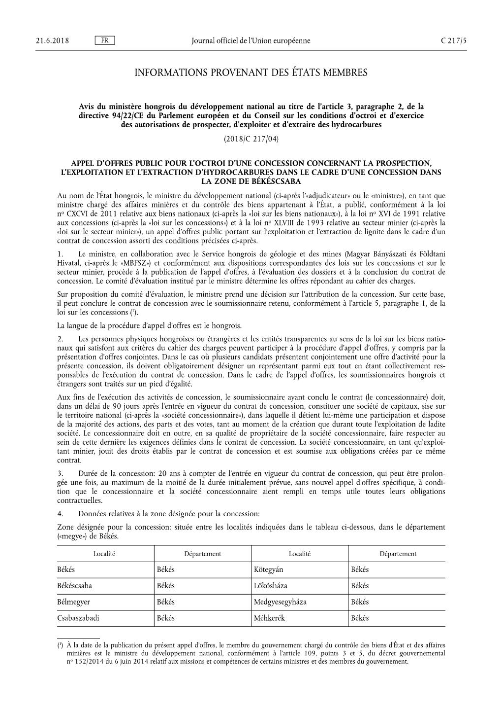 Avis Du Ministère Hongrois Du Développement National Au Titre De L'article 3, Paragraphe 2, De La Directive 94/22/CE Du Parl