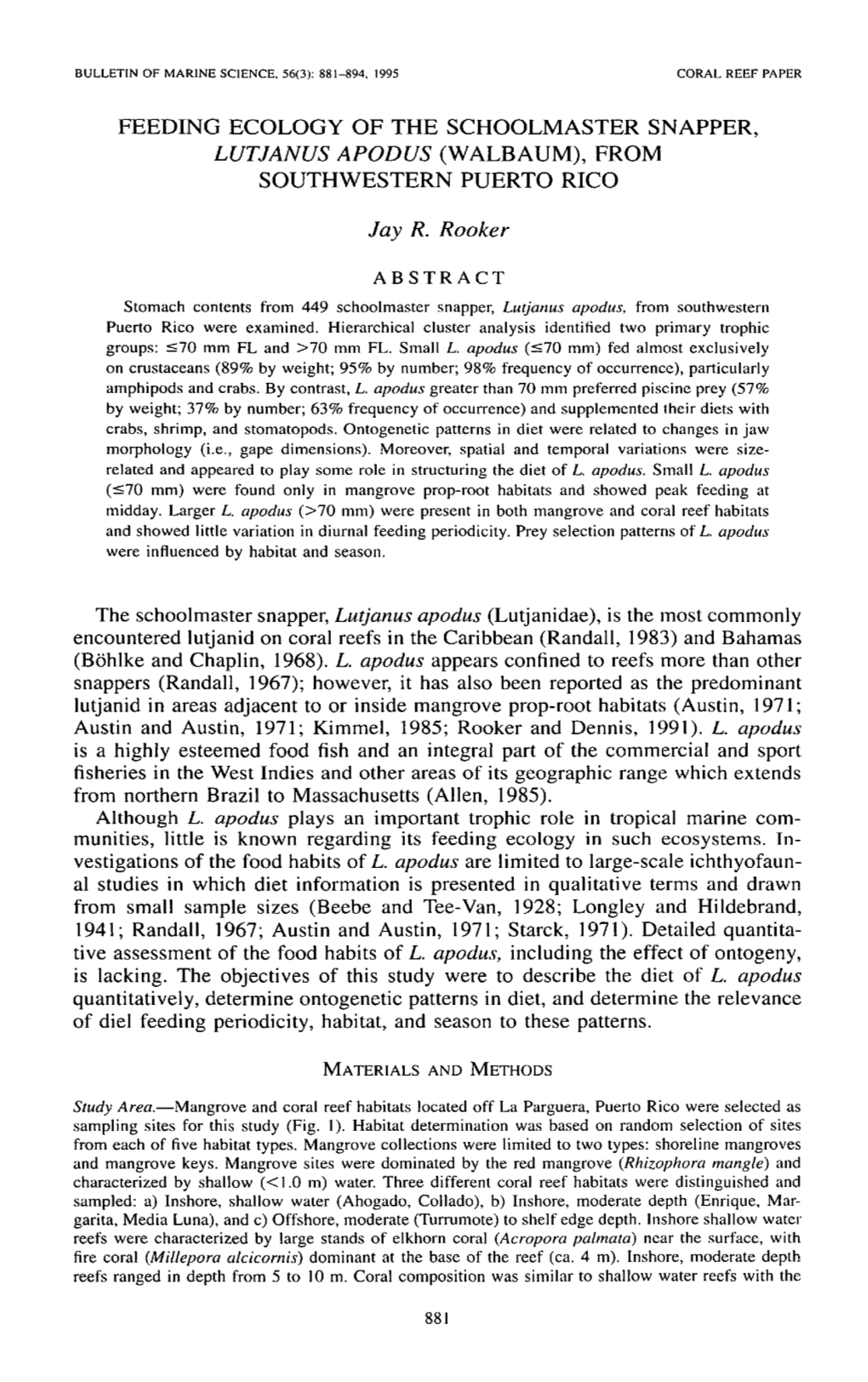 Feeding Ecology of the Schoolmaster Snapper, &lt;I&gt;Lutjanus Apodus&lt;/I