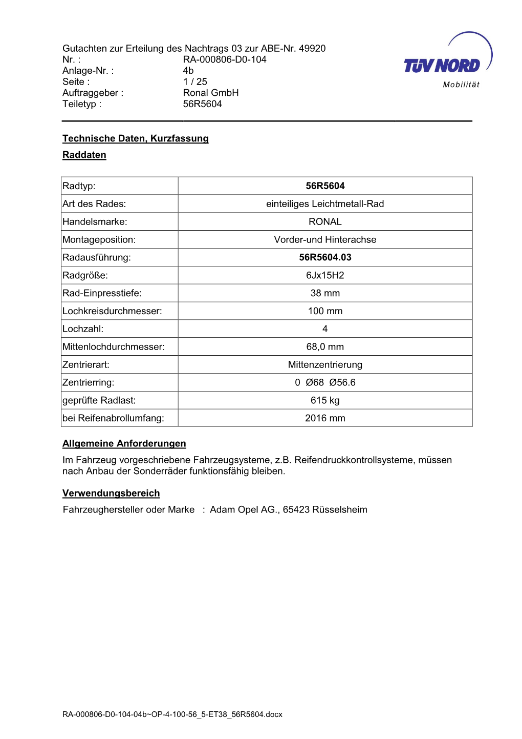 Gutachten Zur Erteilung Des Nachtrags 03 Zur ABE-Nr. 49920 Nr