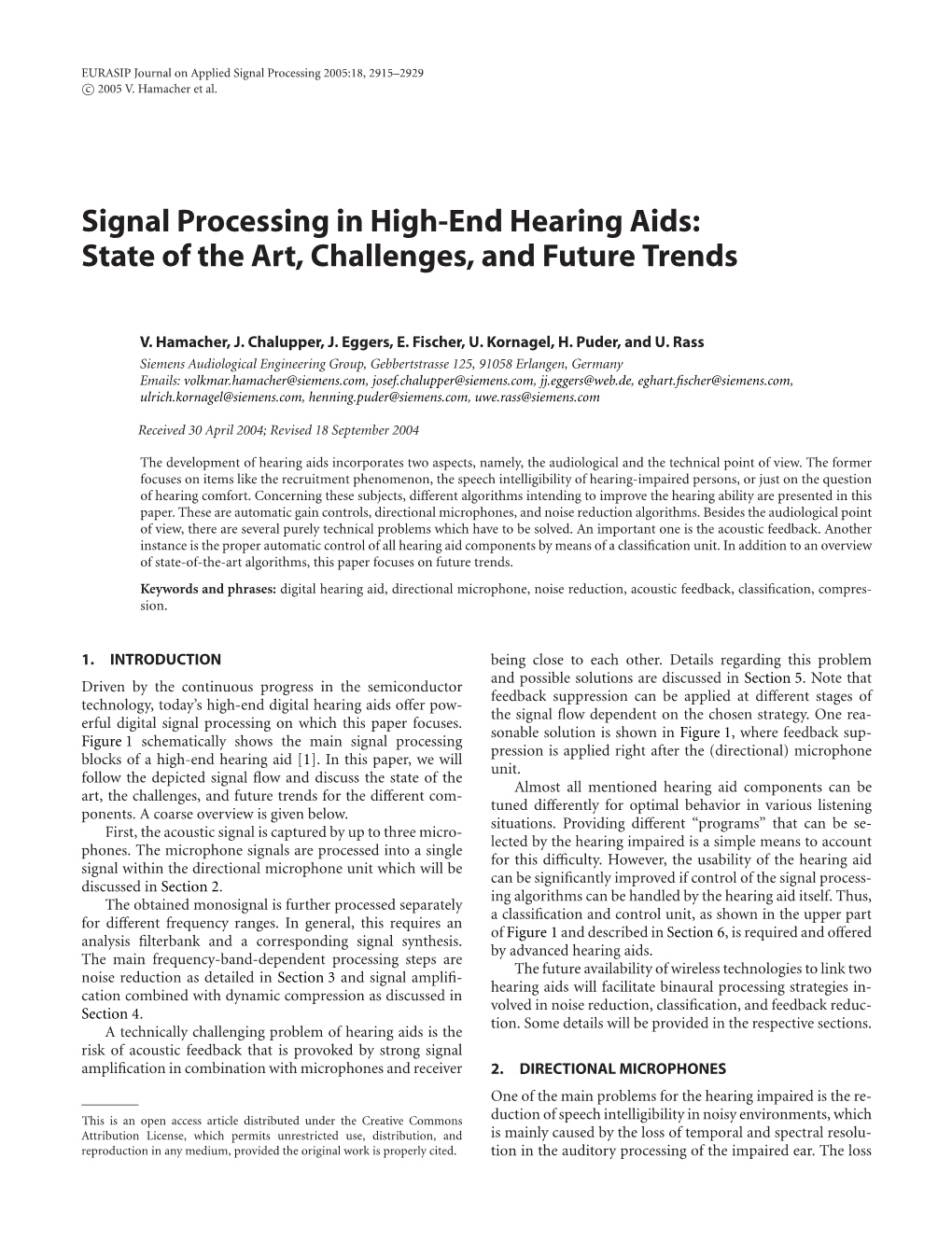 Signal Processing in High-End Hearing Aids: State of the Art, Challenges, and Future Trends