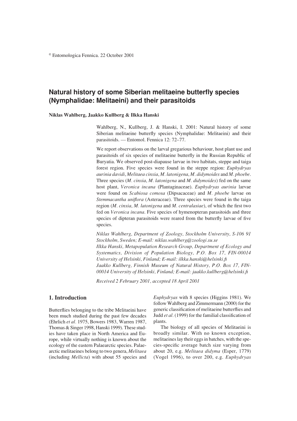 Nymphalidae: Melitaeini) and Their Parasitoids