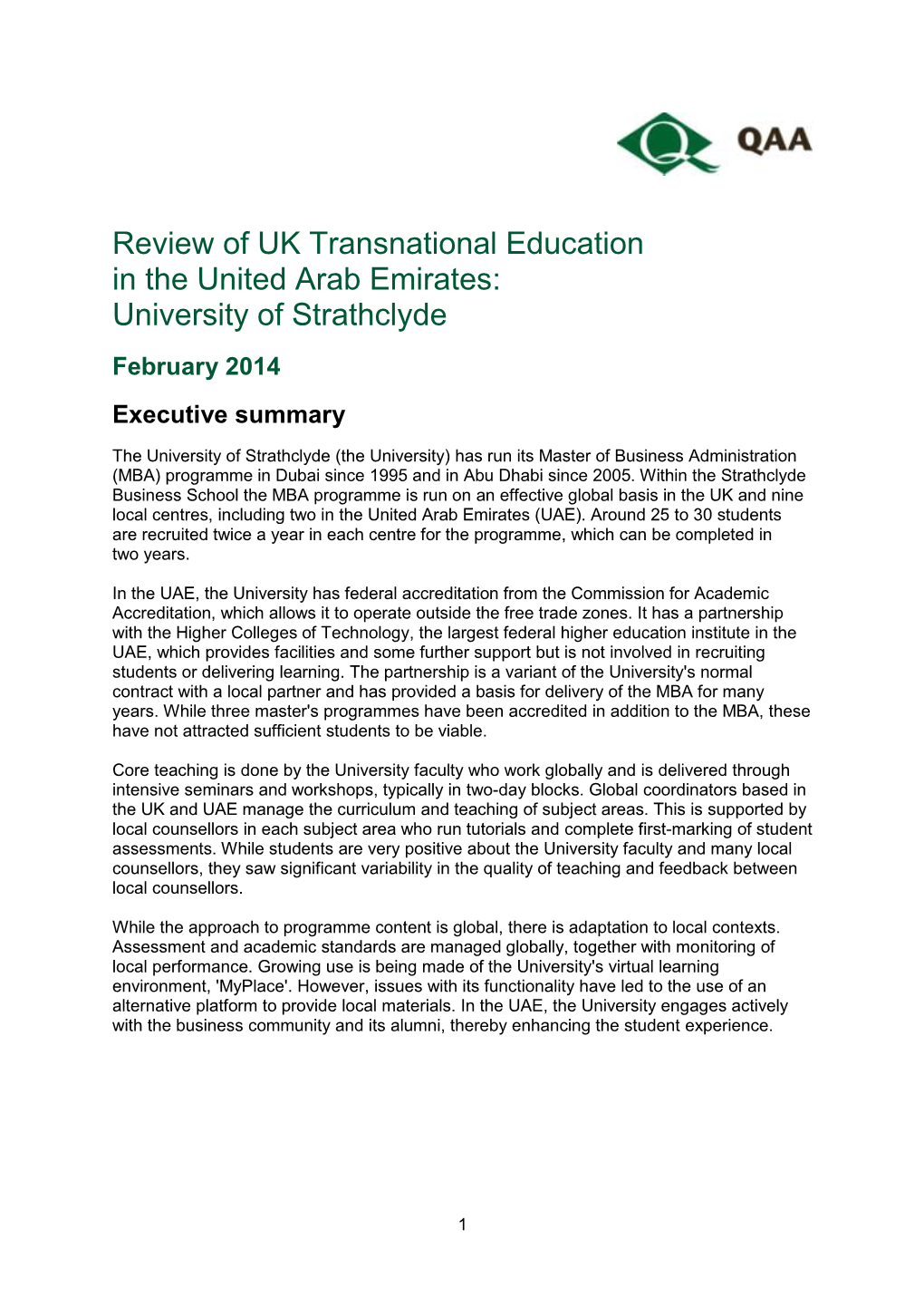 University of Strathclyde February 2014 Executive Summary